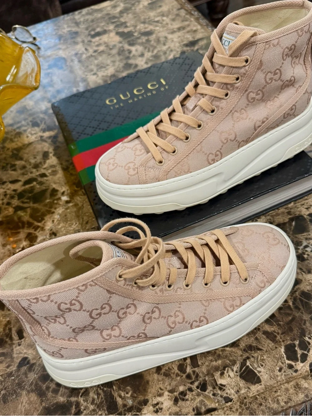 Gucci Tennis 1977 High Top GG Canvas Sneakers Pink Blush Monogram EU 38 - Picture 7 of 10